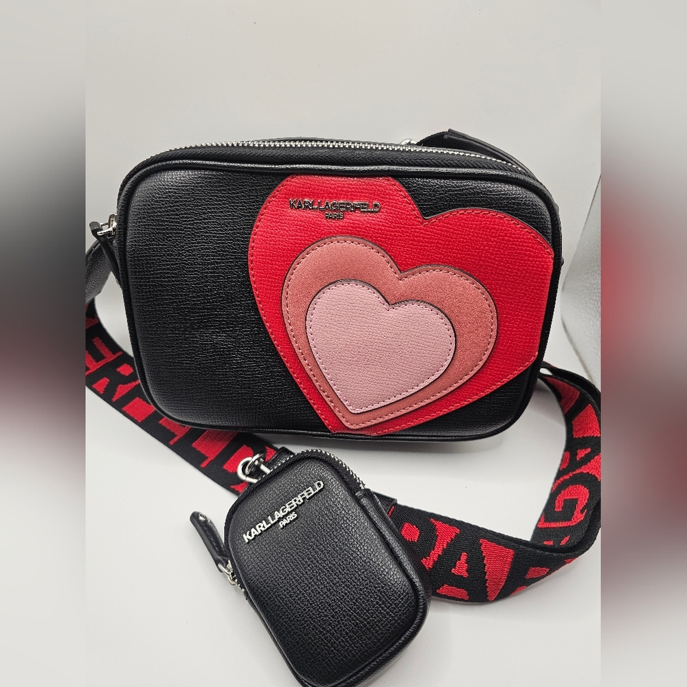 Karl Lagerfeld Black Bag with Red and Pink Heart Accents